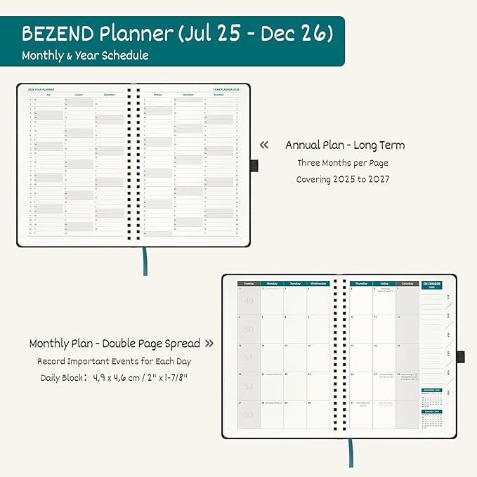 BEZEND Weekly Planner 2025-2026 with 2 Columns, 8.5" x 11" Academic Calendar 18 Months (Jul 25-Dec 26) Life Work Appointment Book with Monthly Tab, PU Leather Softcover Spiral - Dutch Blue
