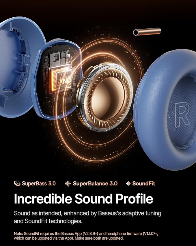 Baseus Inspire XH1 Adaptive Active Noise Cancelling Headphones, Sound by Bose, Dolby Audio, Premium Real-Time Adaptive ANC, Adaptive Tuning Rich Sound, Hi-Res Audio, 100H Playtime -Twilight Blue