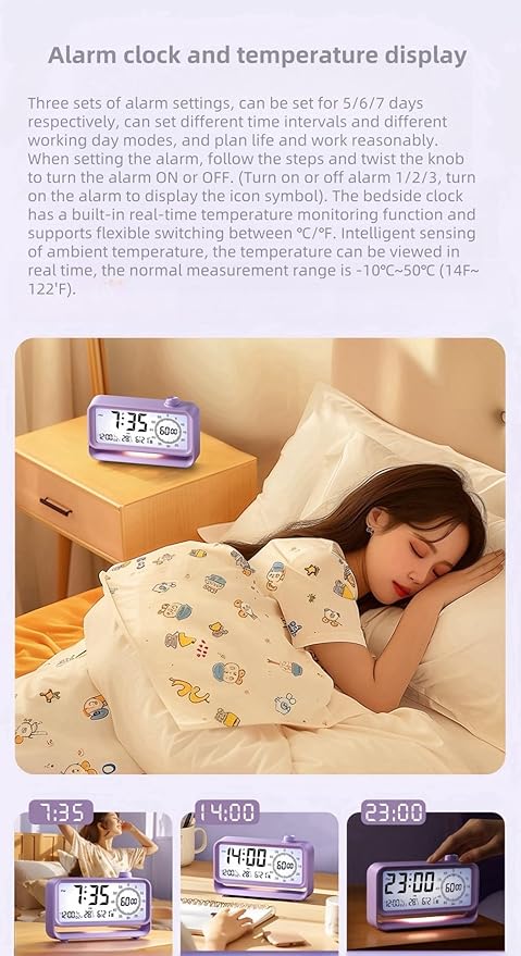 Digital Alarm Clock Night Light Visual Timer, LCD Time Reminder with 3 Alarms, Snooze,Temperature Display, Ideal for Family Education Teaching and Time Management Gifts for Kids (White)