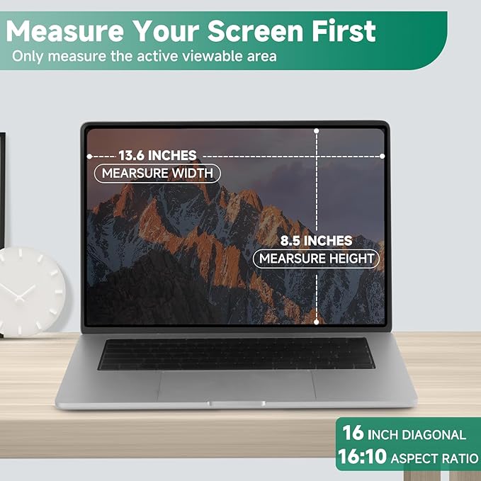 Nano-Suction Laptop Privacy Screen 16 Inch 16:10, Removable Screen Privacy Shield for Laptop, Anti Glare, Anti Bule Light, Screen Protector for Lenovo HP Dell Acer Asus Thinkpad