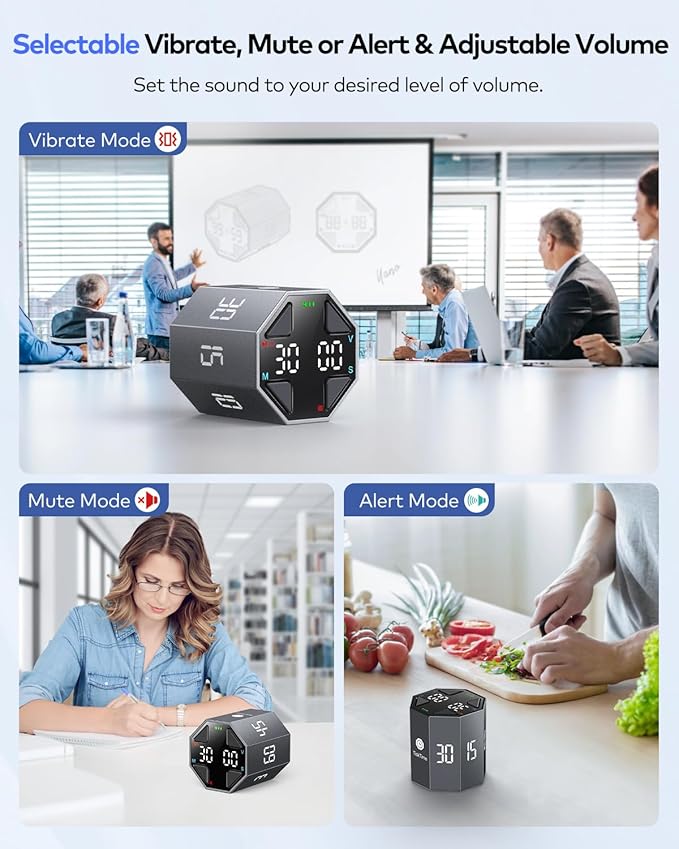 Pomodoro Timer Cube, Custom Pomodoro, Pause & Resume, Silent, Vibrate & Adjustable Sound Alert, for ADHD, Task, Work, Study, 3/5/10/15/30/45/60min & Custom Countdown,Gray