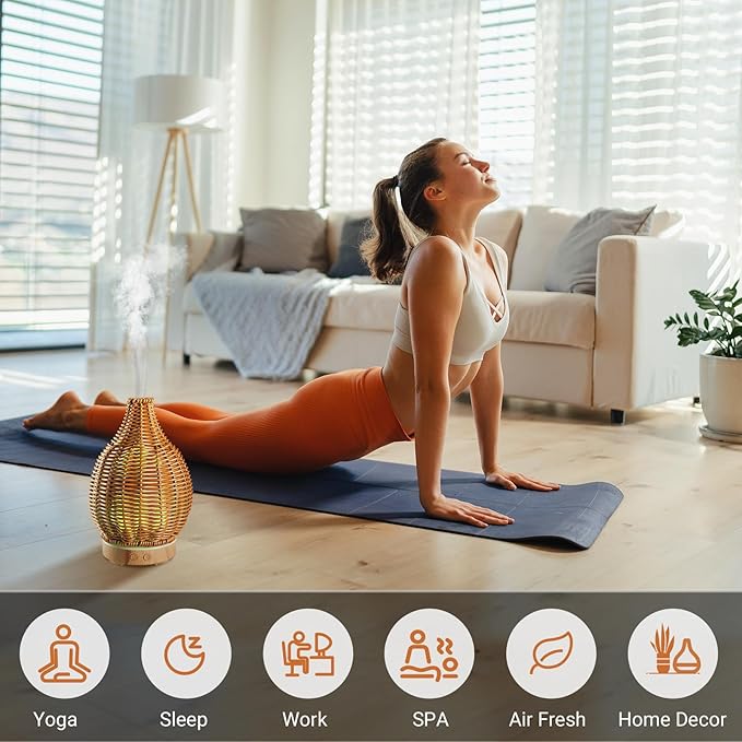 Boho Essential Oil Diffuser for Home Rattan Weaving with Remote Control, 100mL 7 Changing Color Lights Ultrasonic Aroma Humidifier, Noiseless Auto-Off Sleep Mode for Bedroom Office Workout