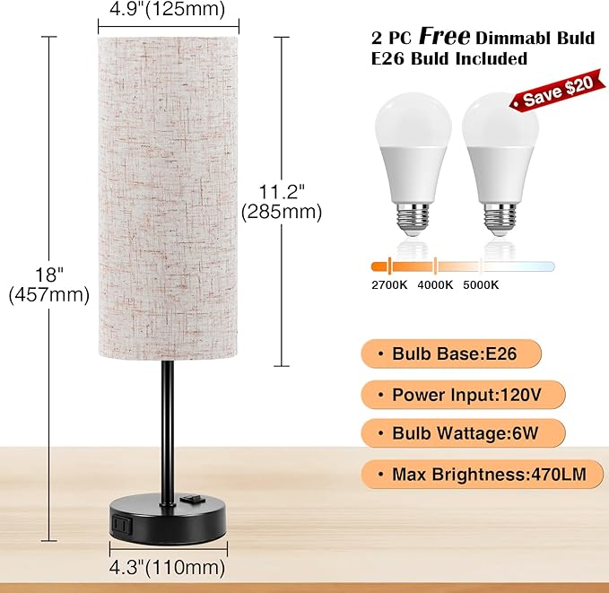 ZJOJO Table Lamp for Bedroom 2 Pack,18in Bedside Lamps with 3 Way Dimmable Rocker Switch & AC Outlet,Nightstand Desk Lamp with Flaxen Fabric Shade Black Base for Living Room Home Decor Lights