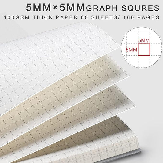 AHGXG Graph Paper Notebook Spiral 3 Pack - A5 Grid Notebook 5.7"x 8.3", Thick 100gsm Graph Grid Paper, 80 Sheets, Transparent Hardcover Journals for School Supplies, Office, Writing, Drawing