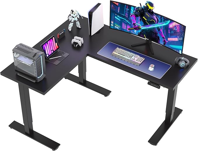 SANODESK L Shaped Standing Desk Adjustable Height, Electric Corner Standing Desk, 63 x 55 inch Sit Stand Computer Table with Splice Board, Black