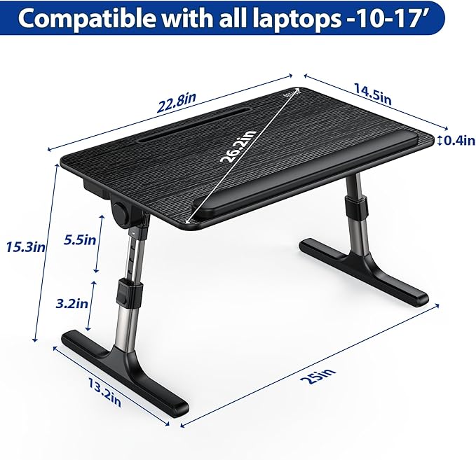 Besign LT07 Lap Desk [Extra Large], Adjustable Laptop Table, Portable Standing Bed Desk, Foldable Sofa Breakfast Tray, Notebook Computer Stand for Reading and Writing (Black)