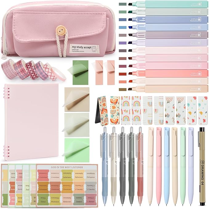 54Pcs Bible Journaling Kit with Pencil Case, Bible Highlighters and Pens with Tabs, Notebook, Bible Study Supplies Journel Essentials Accessories Tools for Women,Back to School Gifts (Pink)