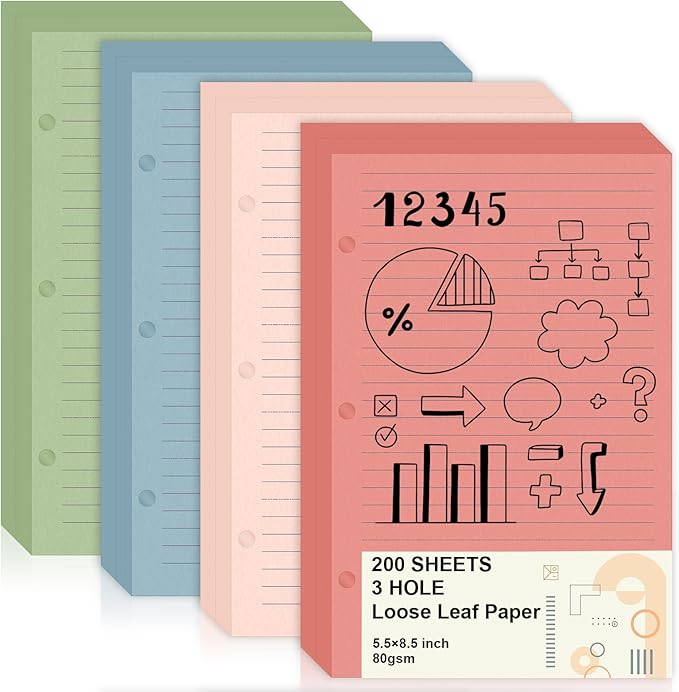 200 Sheets Mini Loose Leaf Paper 5.5 x 8.5 Mini Binder Paper 3 Ring Colored Lined Paper College Ruled 3 Hole Punched Lined Papers Small Notebook Refill Pages Planner Inserts for School Office