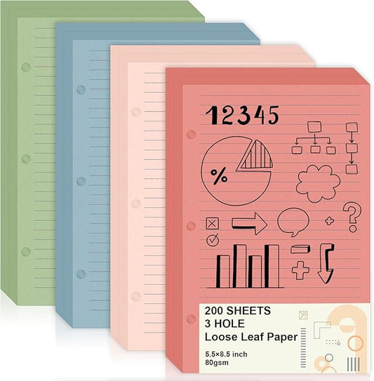 200 Sheets Mini Loose Leaf Paper 5.5 x 8.5 Mini Binder Paper 3 Ring Colored Lined Paper College Ruled 3 Hole Punched Lined Papers Small Notebook Refill Pages Planner Inserts for School Office