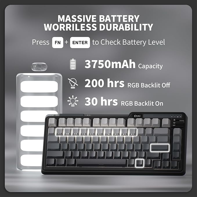 K75 Lite Wireless Mechanical Keyboard, 75% Gasket Mount RGB Gaming Keyboard w/ 3-Mode Knob BT 5.0/2.4G/USB-C Wired, Hot Swappable, 5-Layer Padding & Creamy Linear Switches, Compact 82 Keys