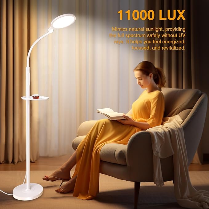 Light Therapy Floor Lamp, Dimmable 11000 Lux UV-Free LED Sunlight Lamp with Tray, 2-in-1 Floor & Desk Adjustable Height Full Spectrum Happy Therapy Light with Remote Timer for Reading Home Office