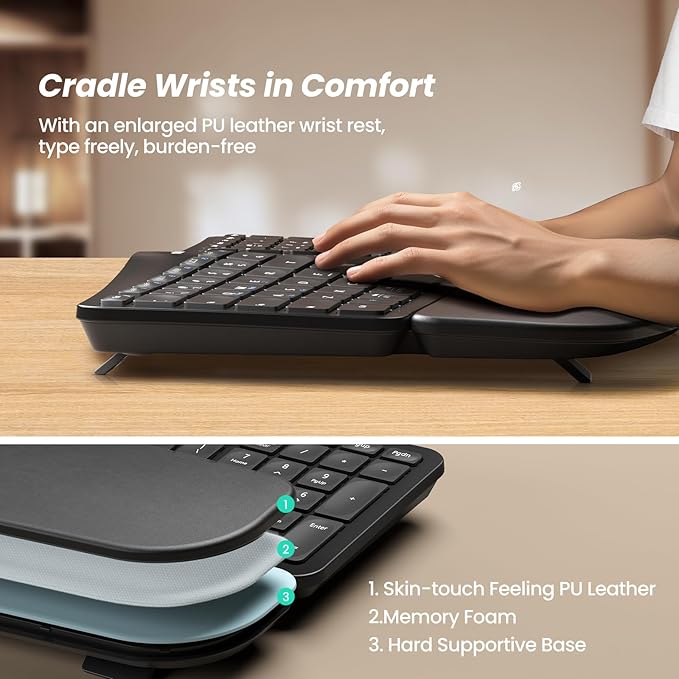 Nulea Wireless Ergonomic Keyboard, Split Keyboard with Cushioned Wrist Rest, Bluetooth and USB Connectivity, USB-C Rechargeable, Compatible with Windows Mac(Black)