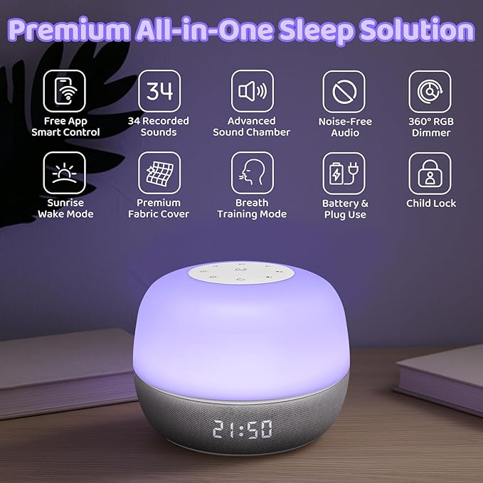 2025 Mom's Choice Awards | White Noise Sound Machine Baby with Sunrise Alarm & App Control – Sound Machine with 360 RGB Night Light, Sleep Soother for Adults & Kids, Baby Essentials for Newborns