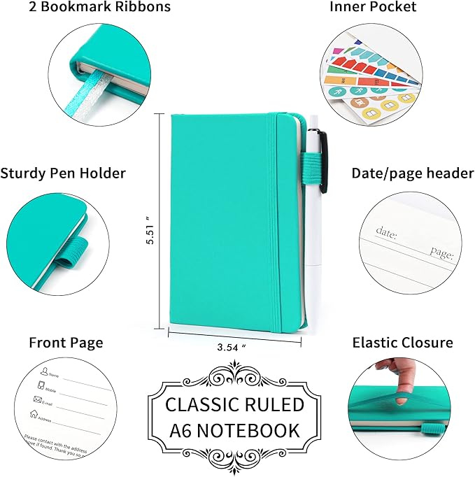 feela 3 Pack Pocket Small Notebook Journals, Mini Cute Memo Notepad Hardcover College Ruled Lined Journals with Pen Holder for Women Girls Office School, with 3 Black Pens, 3.5”x 5.5”, A6, Aqua