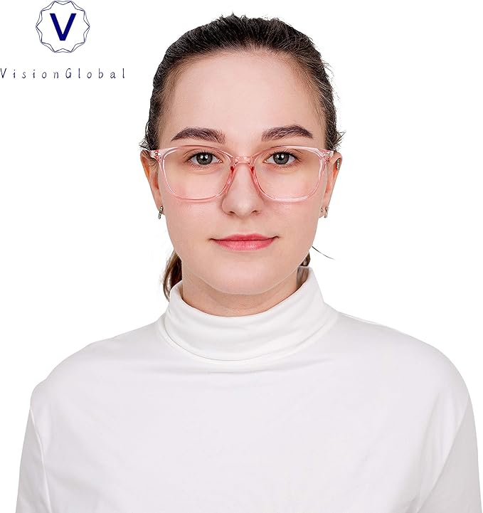 VisionGlobal Blue Light Blocking Glasses for Women, Anti Eyestrain, Computer Reading, TV Glasses, Stylish Square Frame, Anti Glare(Clear Pink,+0.75 Magnification)
