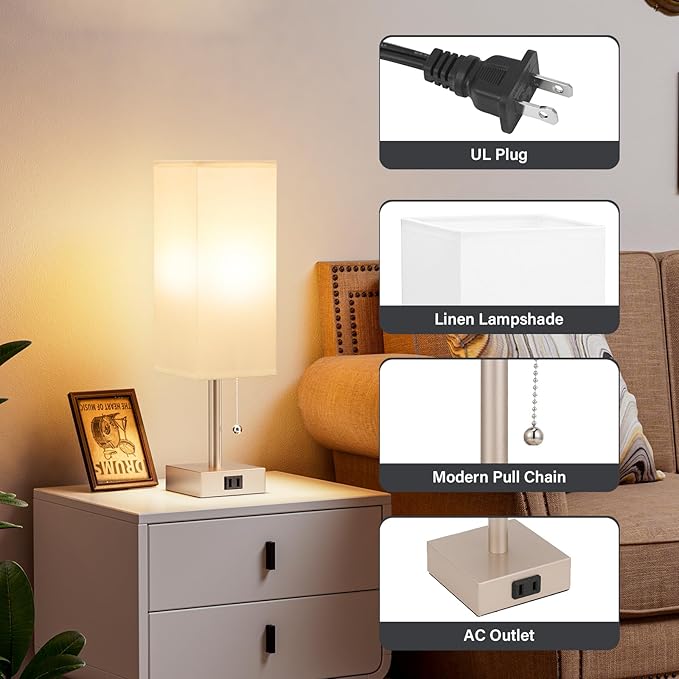Gold Bedside Table Lamps for Bedroom Set of 2 - Small Rectangular Nightstand Lamp with AC Outlet Charging Port, 3 Color Temperatures Desk Light, Tabletop Reading Lamp for Living Room/Dorm/Office