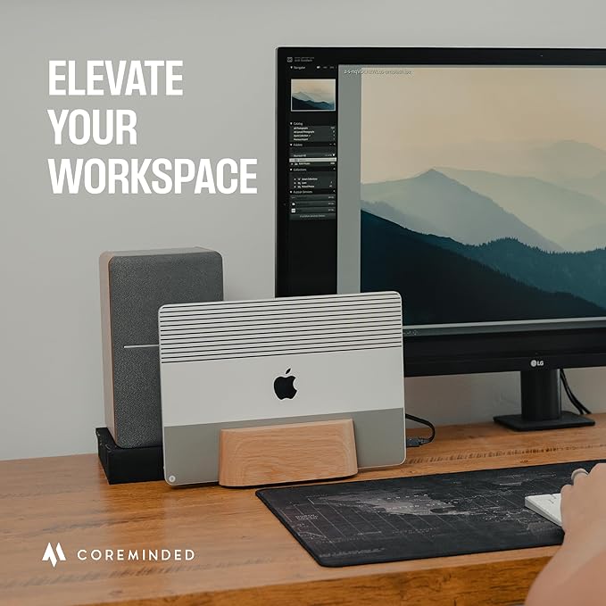 Adjustable Vertical Laptop Stand for Desk, Wooden Laptop Holder, MacBook Pro Stand, Wood Mac Air Dock (Solid Oak)