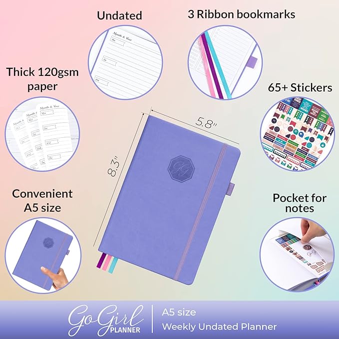 GoGirl Planner and Organizer for Women – A5 Size Weekly Planner, Goals Journal & Agenda to Improve Time Management, Productivity & Live Happier. Undated – Start Anytime, Lasts 1 Year – Lavender