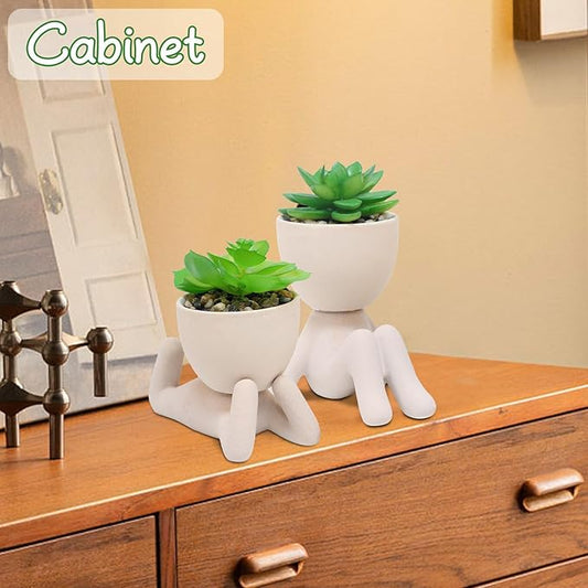 Zerzsy 2PCS Cute Artificial Succulent Plants with Creative Human Shaped Pots, Desk Decoration Artificial Plants Indoor for Home Office Decoration(Cream Color)