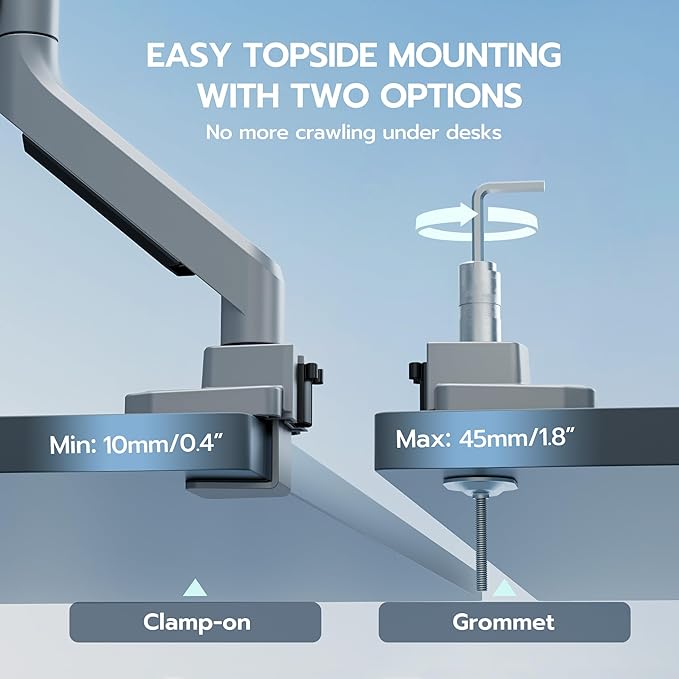 ARES WING Ultrawide Monitor Arm, Heavy Duty Single Monitor Mount for 13"-49" Curved Screens, Adjustable Stand for Desk with C-clamp & Grommet Base up to 40 LBS, Gray