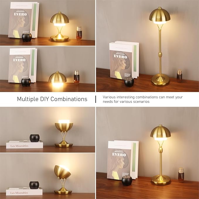 Modern Table Lamp Cordless Portable Desk Lamp, 2700K Stepless Dimming Rechargeable Battery Operated LED Lights for Bedroom, USB-C Charging, Restaurant/Bar/Night Light/Gifts (Antique Brass)