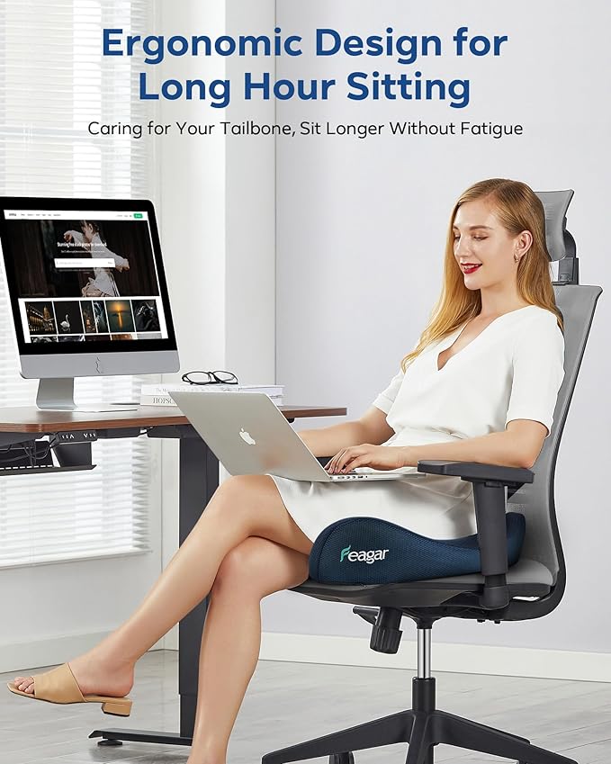 Feagar Seat Cushion - Office Chair Cushion for Hip, Sciatica & Tailbone Pain Relief - Memory Foam Pressure Relief Seat Cushion, Large Wrapped Design for Wheelchair, Car Seat & Long Sitting (Blue)