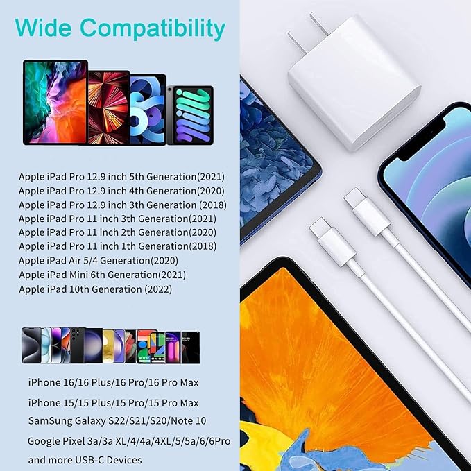 iPad Fast Charger, 20W Fast Charging Block with 10FT [Apple MFi Certified] iPhone 16 15 Charging Cable Compatible with iPhone 16/16Plus/15, iPad 10th/Air 5/4th/Mini 6th/Pro 12.9/11 inch 2022/2021/2020