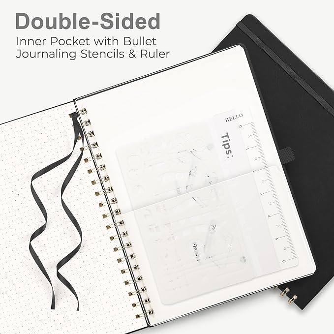 RETTACY Bullet Dotted Journal Notebook, 140 Pages, B5 Medium Size (7.6" × 10"), Leather Hardcover, 100 GSM Thick Paper, Spiral-bound, for Bullet Journaling, Planning, Tracking (Black)