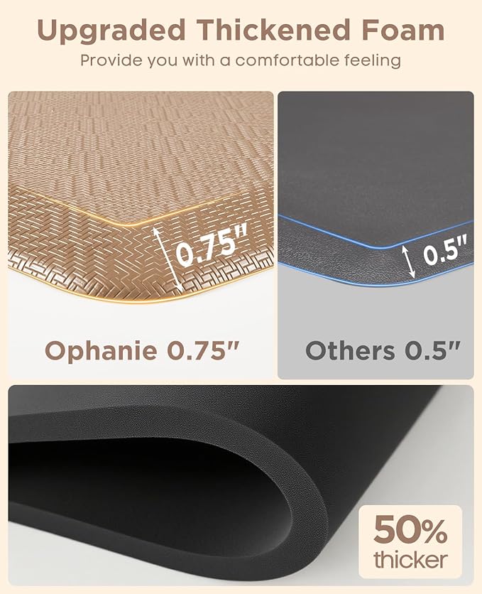 Ophanie Kitchen Mats for Floor, 3/4 Inch Thick Kitchen Rugs, Anti Fatigue Standing Cushioned Mat, Waterproof,Comfort Ergonomic Mat for Office, Home, Sink, 24'' x 70'' Beige Non-Slip Bottom