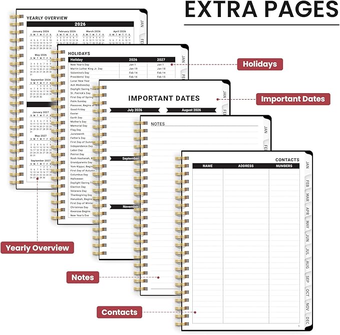 2026 Planner, Monthly and Weekly Calendar Planner for Women, January 2026 - December 2026, Hardcover Pretty 2026 Agenda Planner Book with Tabs, Spiral Bound, Perfect for School Office Home Supplies, 6.3" x 8.5" - Peony Bloom