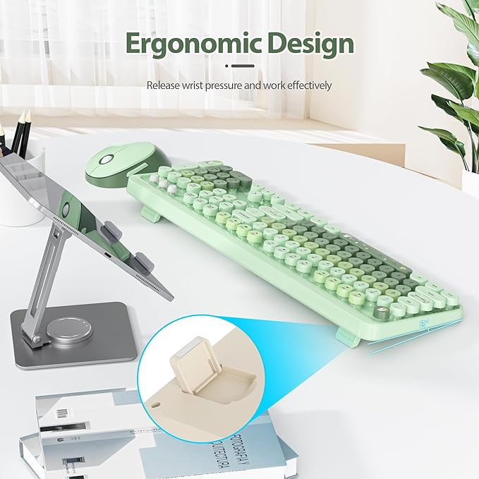 Fogruaden Green Keyboard and Mouse Wireless, Retro Typewriter Keyboard, 2.4GHz 104 Keys Full Size Cute Keyboard with Number Pad, Gradient Colorful Keyboard with Round Keycaps for Windows PC Laptop