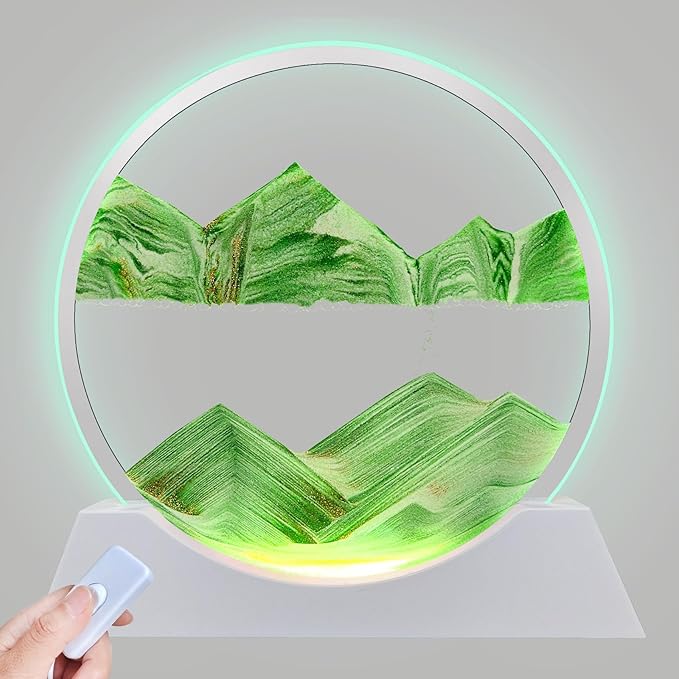 Aoderun 12" Moving Sand Art Liquid Motion with Light 3 Color Changing Moving Sand Art Picture Round Glass 3D Deep Sea Sand Art Sandscapes for Adult Relaxing Toys Desktop Home Office(Green)