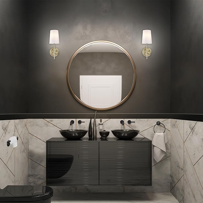 GLOBE Electric 51861 Clarissa 1-Light Wall Sconce, Matte Brass, White Fabric Shade, Bulb Not Included