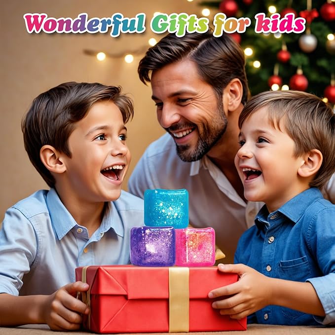 Slow Rise Glitter Square Squishy Cubes for Adults Pack of 3, Gel Cube Stress Cube, Squishy Stress Balls, Malt Sugar Nice Stress Cubes Squeeze Balls for Anxiety Relief(Purple/Blue/Pink)