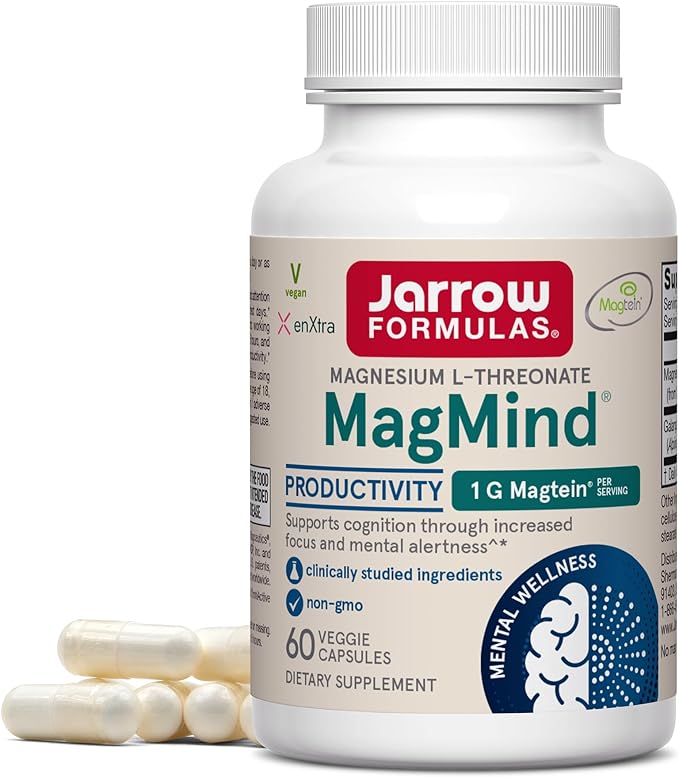 Jarrow Formulas Magnesium L-Threonate, MagMind Productivity, High Absorption Magnesium, Brain Supplements for Memory and Focus, 60 Veggie Capsules, Up to a 30 Day Supply