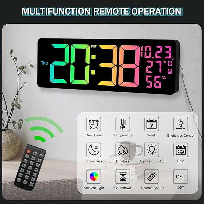 JoFomp 17.3" Large Digital Wall Clock, LED Digital Clock Large Display with Remote Control, Alarm Clock with Temp/DST/Dimmer/Humidity/Timer/Ambient Light - 12/24H, Alarm Wall Clock for Bedroom