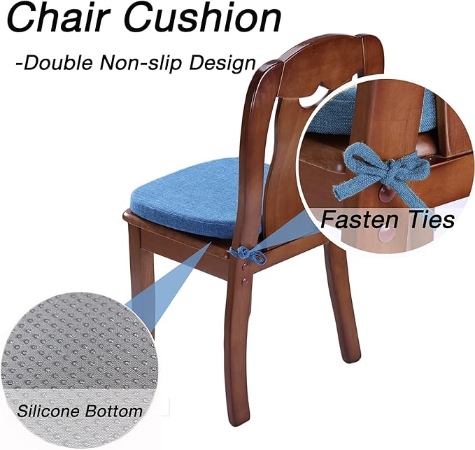 Chair Cushion with Ties for Dining Chairs - Memory Foam Non Slip Kitchen Chair Pad and Dining Seat Cushion with Machine Washable Cover [16.5 x 16.2 Inches] - Blue