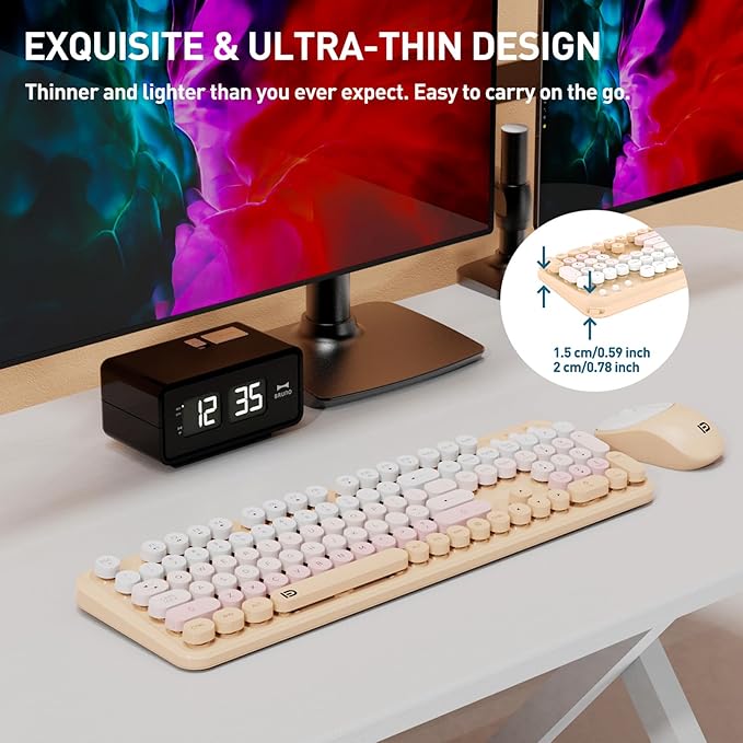 Keyboard and Mouse Wireless,2.4Ghz Retro Typewriter Style Round Keycap,Full Size Wireless Keyboard Mouse Combo,Cute Cordless Keyboard Mouse Set for PC Laptop Desktop Computer-Pink Orange Colorful