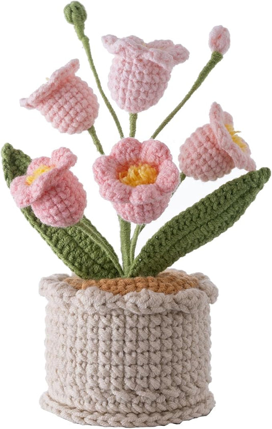 Handmade Crochet Flowers, 6 Inch Small Potted Canterbury Bells, Knitted Desk Decorations for Home Office Decor(5 Heads)
