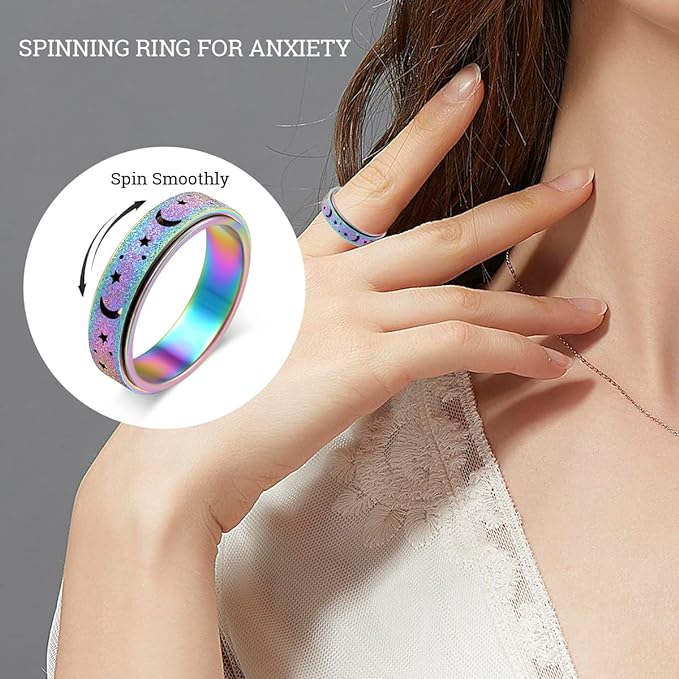 OreilleStar Anxiety Ring for Women Spinner Ring Fidget Stainless Steel Ring Fidget Toys Adults Spinner Rings Fidget Rings Fidget Ring Men Moon Star Rainbow Size 10