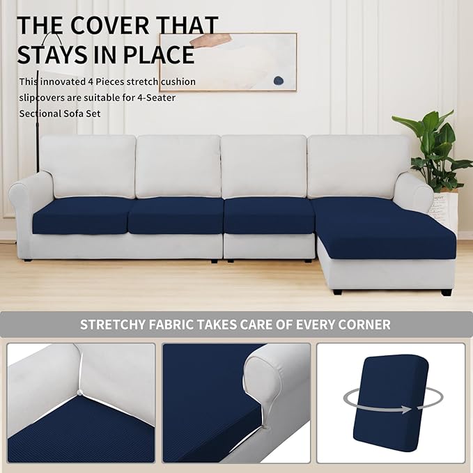 Easy-Going Stretch 4 Pieces Couch Cushion Covers for Sectional Sofa Left/Right L Shape Chaise Lounge Sofa Seat slipcover Anti-Slip Sofa Cover Soft (3 Seater + 1 Chaise, Navy)