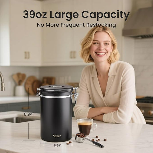 Veken Coffee Canister, 39OZ Large, Airtight Stainless Steel Food Storage Container for 2.2lbs Coffee Beans, Ground, Sugar, Tea, Flour, Cereal, Kitchen Bar Accessories with Date Tracker & Scoop, Black