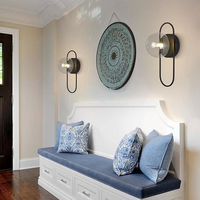 Mid Century Globe Wall Sconce Modern Indoor Sconces Wall Lighting Black Bathroom Sconces Set of 2 Bubble Glass Vanity Light Vintage Bedroom Wall Sconces (2 Pack)