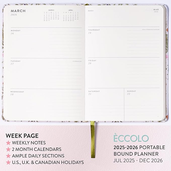 2025-2026 Eccolo 18 Month Linen Botanical Bound Planner, Monthly & Weekly Pages (5.25 x 7.75" - July 2025 - Dec 2026)