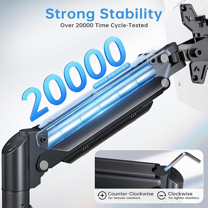 RGB Single Monitor Arm Desk Stand Gas Spring Computer Adjustable Monitor Mount for 13-32 inch Screens with RGB USB & USB-C High Speed Data Transfer C Clamp & Grommet Bases 75x75/100x100 VESA