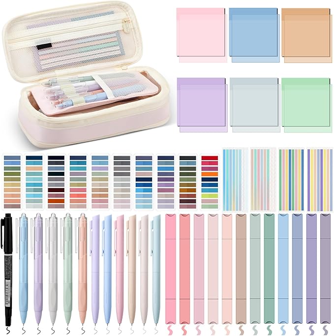 135 Pcs Book Annotation Kit Aesthetic Pencil Case Bag with 12 Highlighter 11 Gel Pen 1 Marker 300 Sheets Transparent Sticky Notes Pads 2640 Index Tabs Bible Study Supplies for School Gift(Pink)