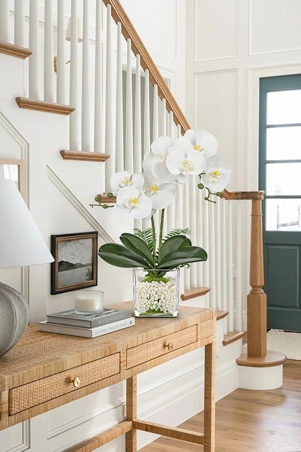 White Orchids Artificial Flowers 16.1" Faux Orchids Plant in Pot Fake Flower Arrangements with Glass Vases Small White Centerpieces for Kitchen Dining Room Tables Bathroom Nightstand Shelf Desk Decor
