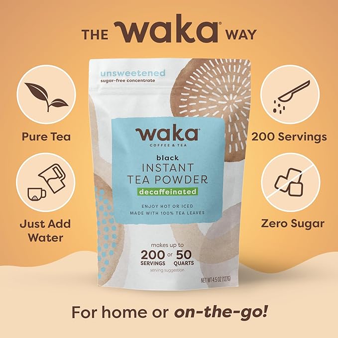 Waka Instant Black Tea Mix Pouch, Decaffeinated - 100% Tea Leaves, No Additives, Unsweetened Tea Powder for 50 Quarts or 200 Cups – Easy Quick Hot and Iced Teas (4.5oz)