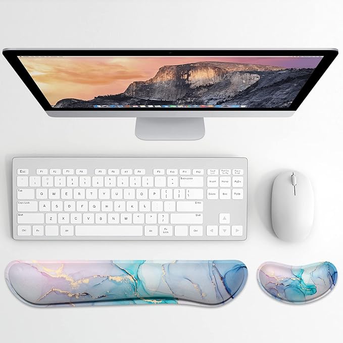 Dapesuom Enlarge Keyboard Wrist Rest, Memory Foam Wrist Cushion for Desk Mats Support, Cute Marble Pain Relief Keyboard Mouse Pad Rests Set with Non-Slip Base for Gaming Laptop Office, Blue Ink