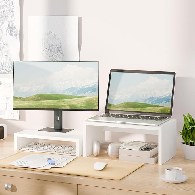 TEAMIX Adjustable White Monitor Stand Riser - 2 Pack, Wood 2 Tier Adjustable Stand for 2 Monitors/Laptop/PC